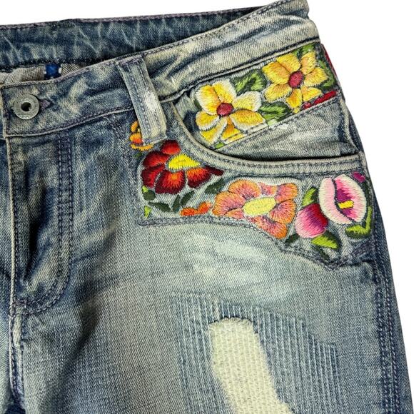 Antik Denim Floral Embroidered Jean Shorts 30 Cutoffs Distressed Boho Hippie - Picture 3 of 8